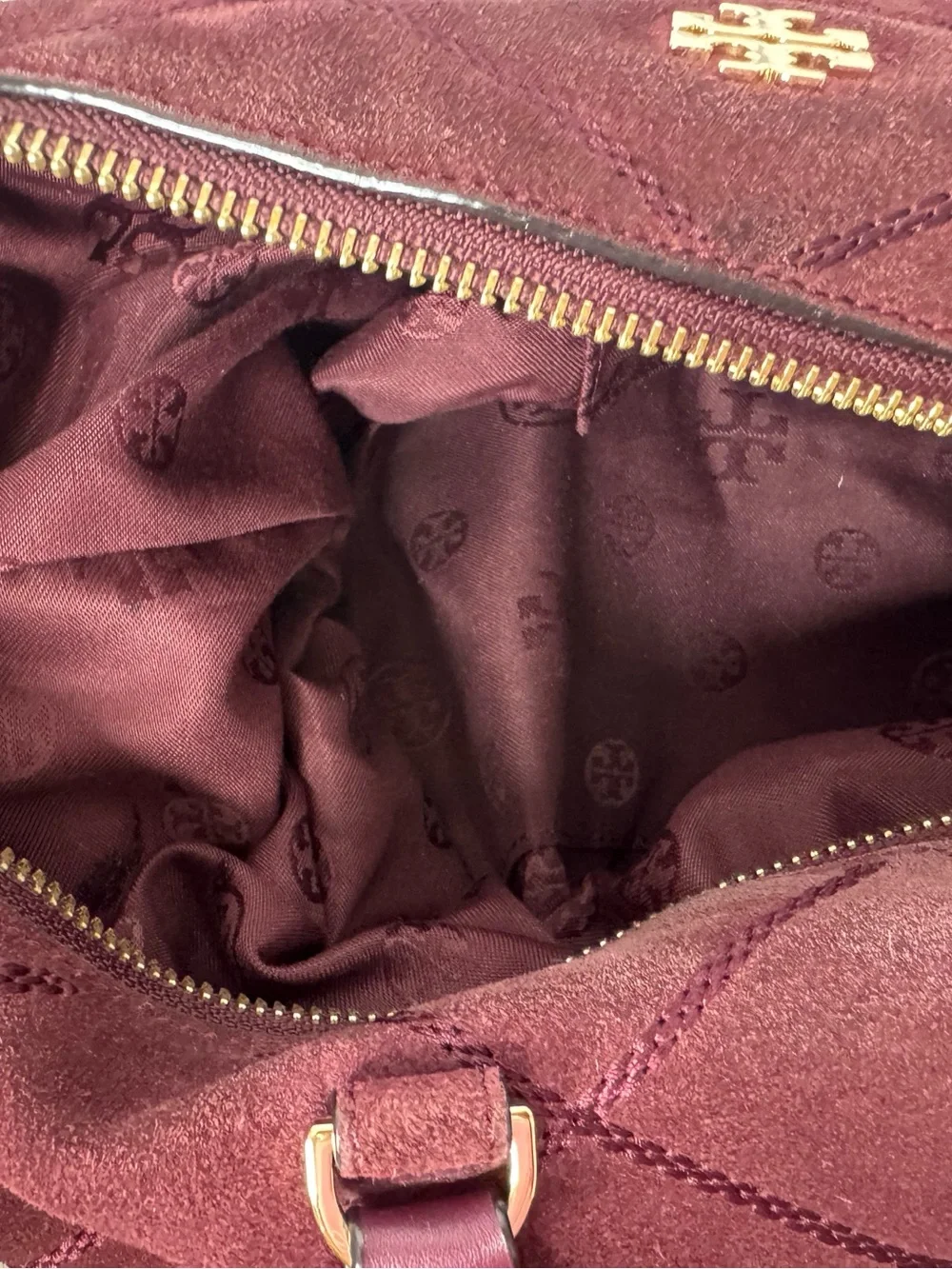 Tory Burch Frida Suede Quilted Satchel Plum Gold EXCELLENT